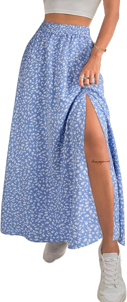 Avanova Women Boho Floral Slit Maxi Skirt Split Thigh High Waisted Long Sexy Skirt | Amazon (US)