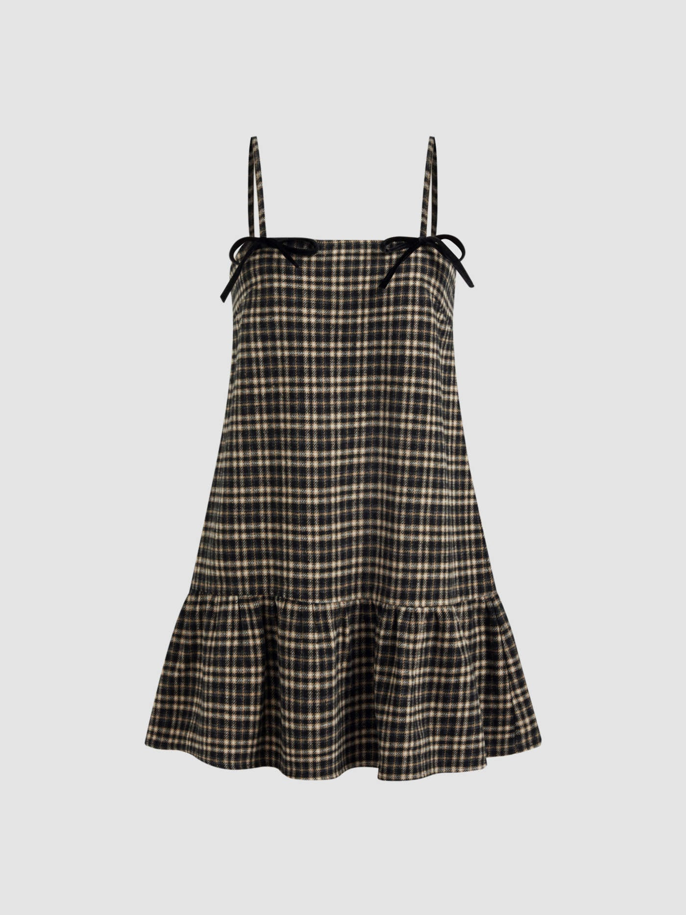 Square Neck Check Ruffle Bowknot Babydoll Mini Dress | Cider
