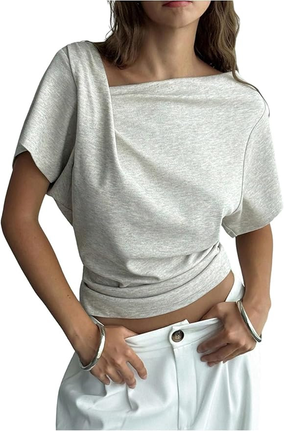 SHENHE Women's Short Sleeve Dolman Top V Neck Asymmetrical Ruched Cinched Waist Top Tee | Amazon (US)
