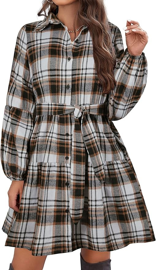 Blooming Jelly Womens Plaid Dresses Flannel Babydoll Dress Casual Tunic Dress Long Sleeve Fall Dr... | Amazon (US)