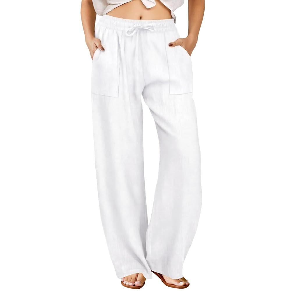 FireSwan Womens Palazzo Pants Casual Drawstring Flowy Pants Wide Leg Summer Beach Linen Trousers ... | Amazon (US)