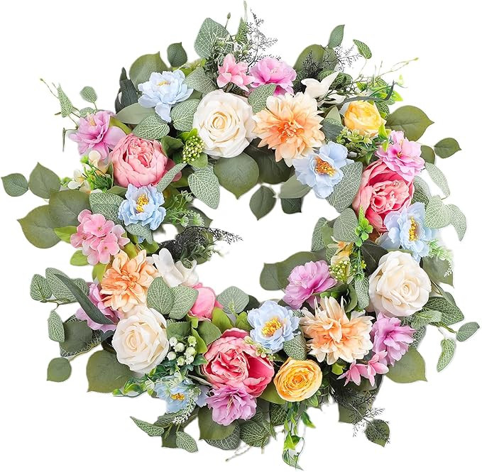 Spring Wreaths for Front Door,Summer Wreath with Peony Rose and Dahlia Flowers,24 Inch Floral Doo... | Amazon (US)