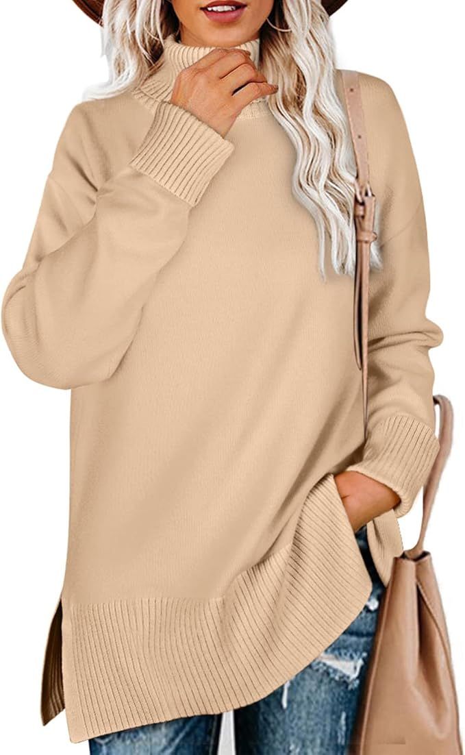 Glanzition Sweaters for Women Turtleneck Side Split Oversized Pullover Tops | Amazon (US)