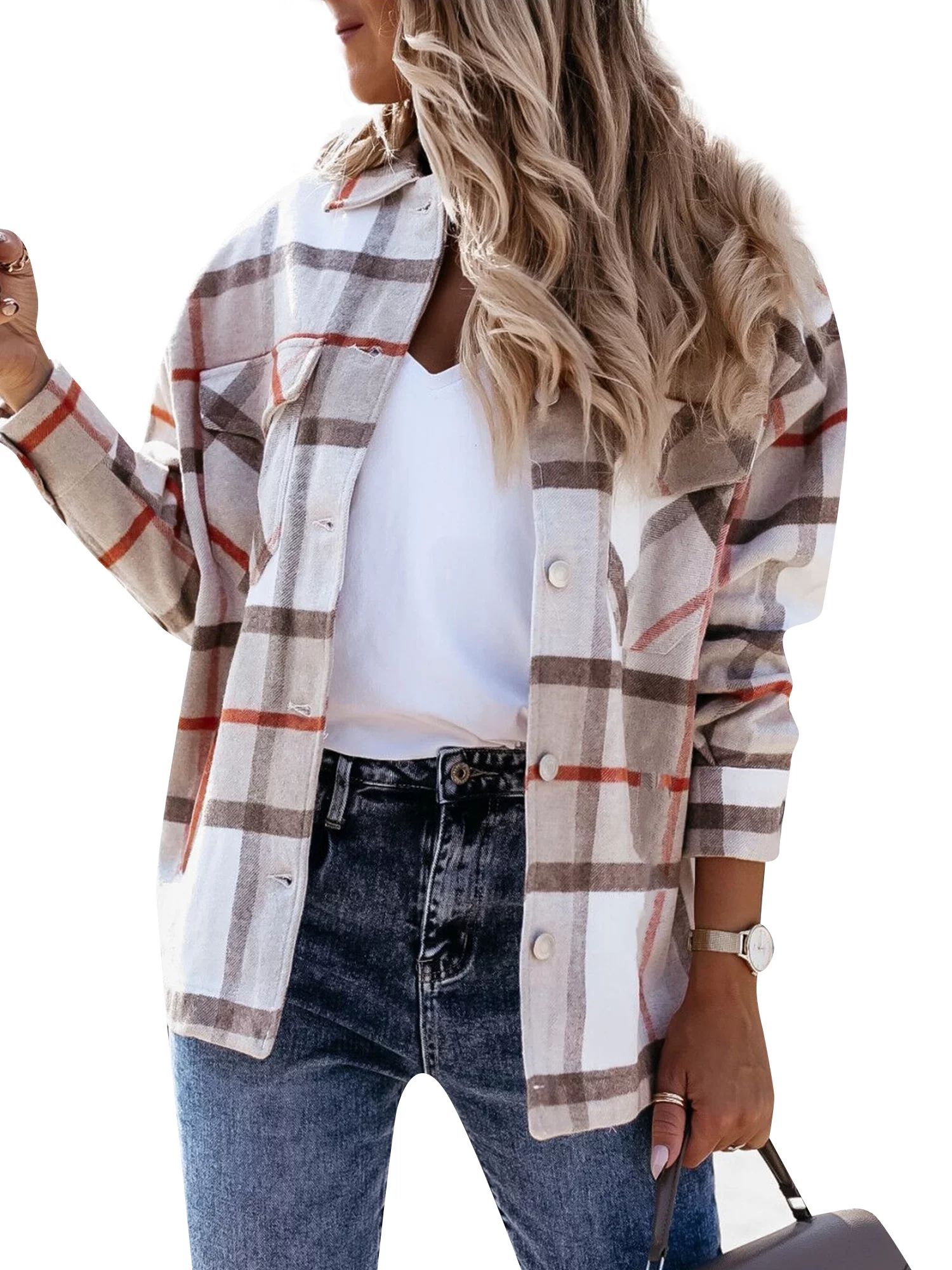 Lazybaby Women Long Sleeve Flannel Lapel Button Up Shirts Plaid Jacket Shacket Blouse | Walmart (US)