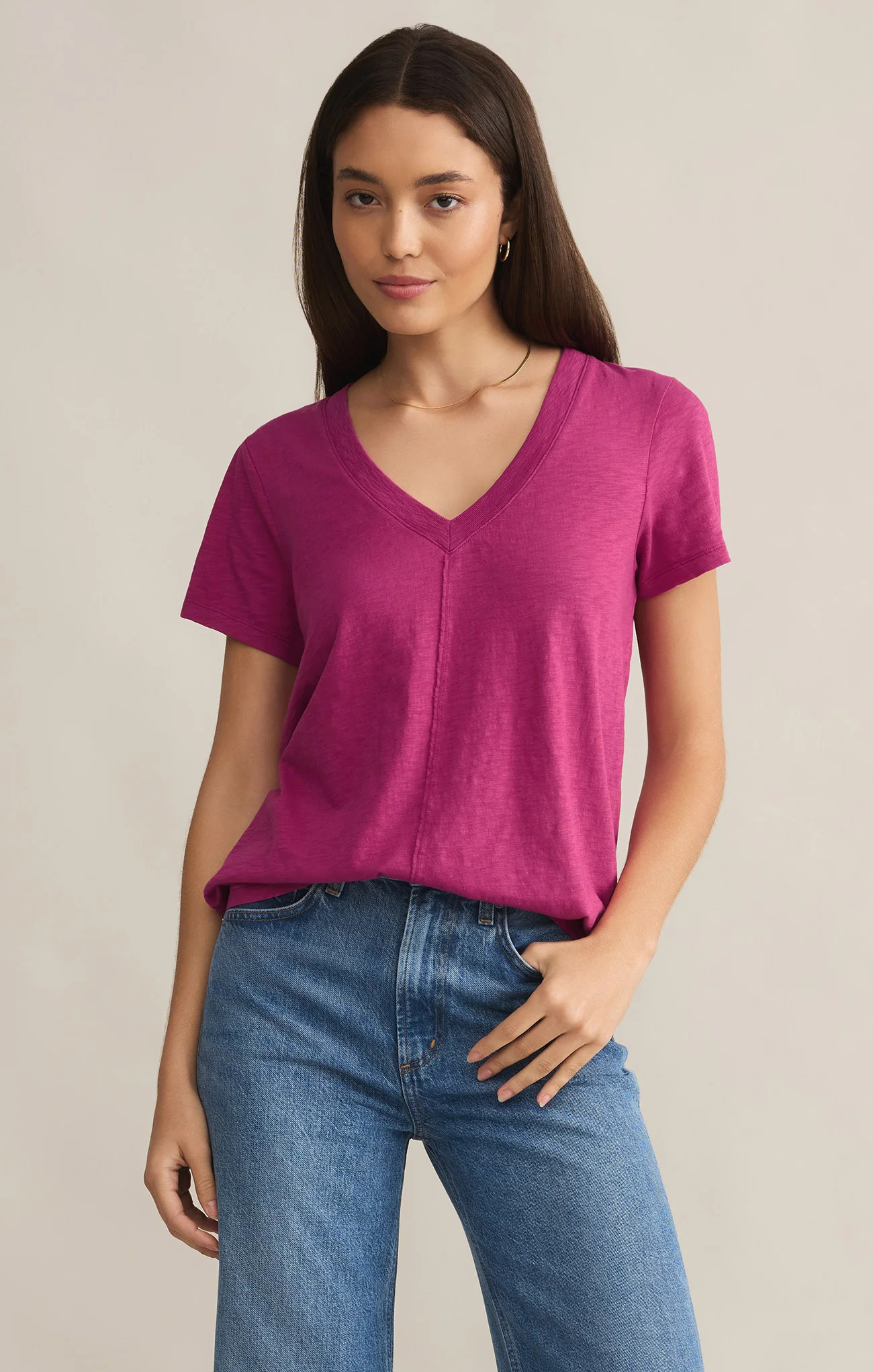 Z SUPPLY Women's Asher V-Neck T-Shirt, Magenta, Small | Z Supply