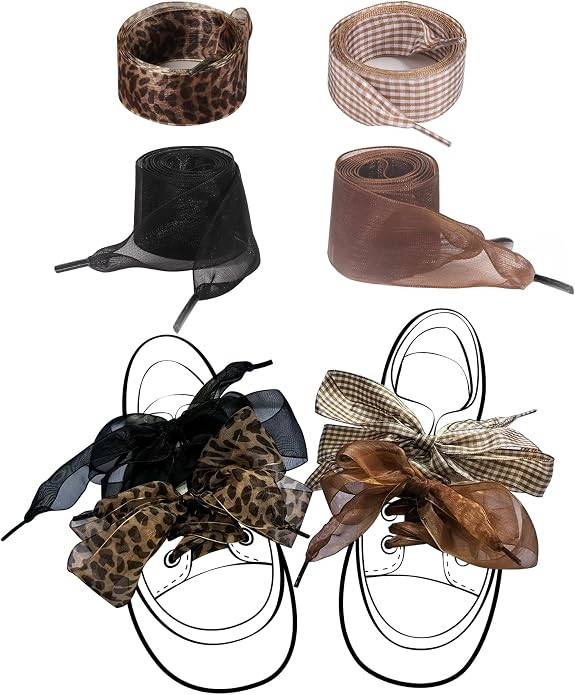 4 Pairs Leopard Gingham Lace Shoelaces for Women | Amazon (US)