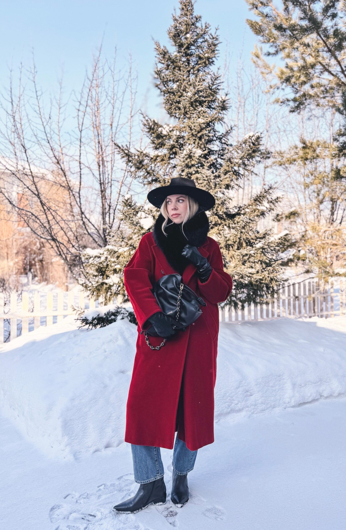Red wool coat, black and red winter outfit, black wool hat, black fox fur scarf, black leather gloves, Zara jeans, Loewe Flamenco pouch handbag 

#LTKSeasonal #LTKOver40 #LTKValentine