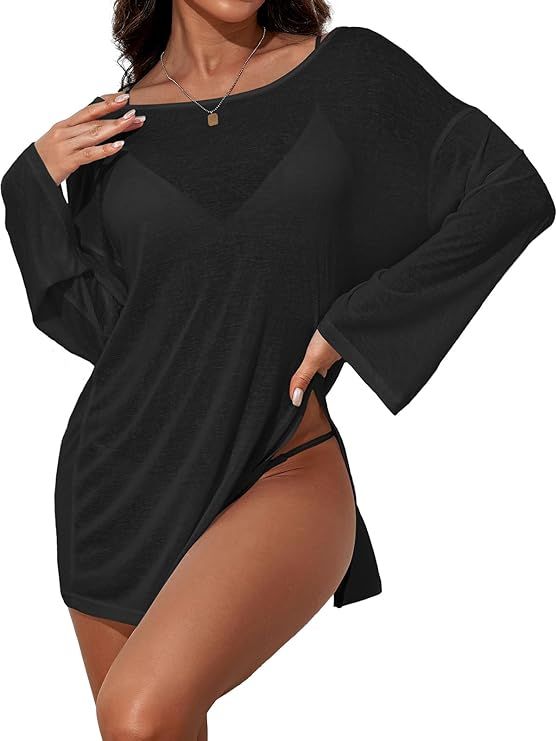 SOCIALA Women Long Sleeve Casual Swimsuit Cover Ups Side Split Bikini Coverup Bathing Suit Sexy B... | Amazon (US)
