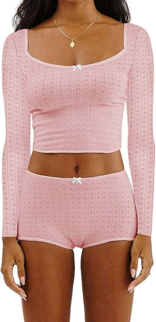 Multitrust Women Two Piece Lounge Set Long Sleeve Crop Tops and High Waist Shorts Ribbed Matching... | Amazon (US)