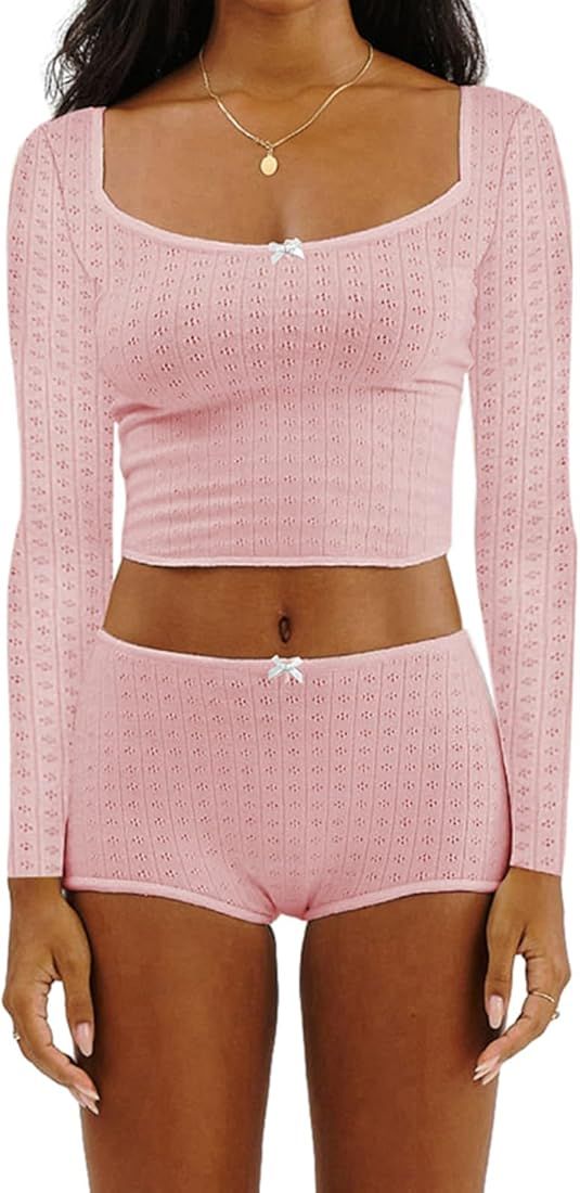 Multitrust Women Two Piece Lounge Set Long Sleeve Crop Tops and High Waist Shorts Ribbed Matching... | Amazon (US)
