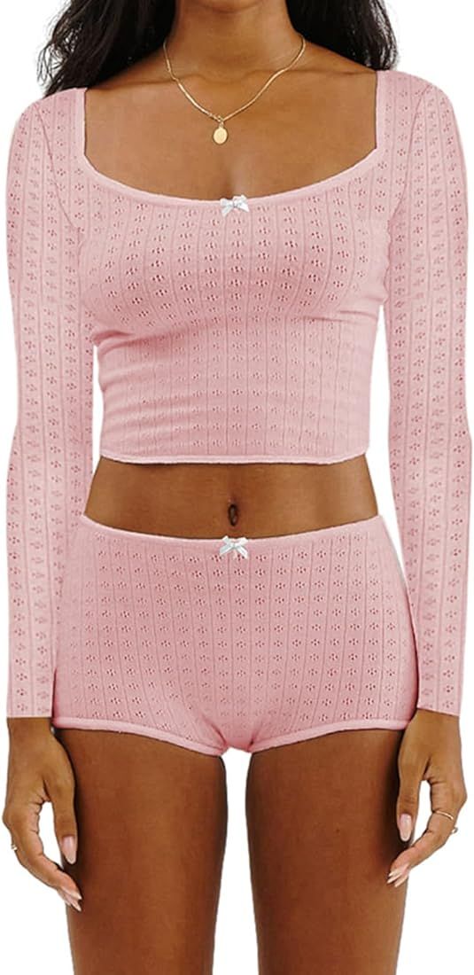 Multitrust Women Two Piece Lounge Set Long Sleeve Crop Tops and High Waist Shorts Ribbed Matching... | Amazon (US)