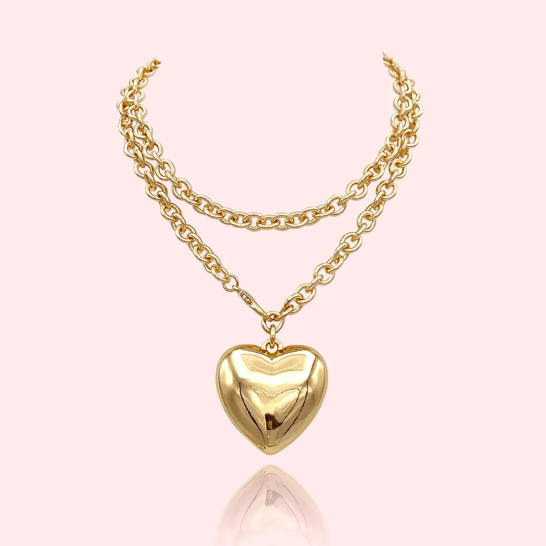 Heart Pendant Long Necklace, Bold Heart Pendant Necklace, Chunky Puffed Heart Necklace, Gold Puff... | Etsy (US)