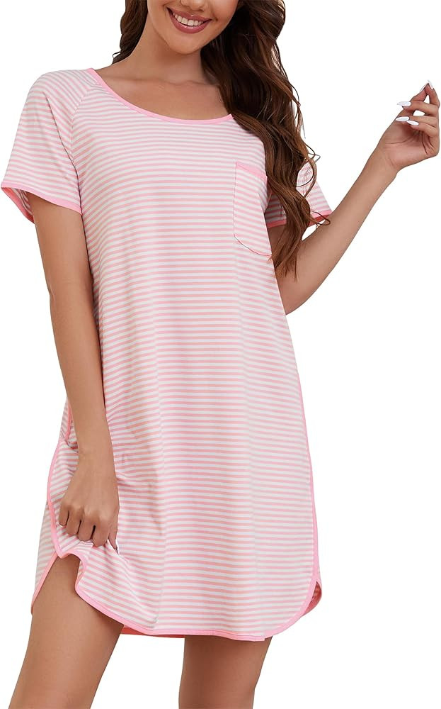 VibeVista Cotton Nightgowns for Women Summers Striped House Dresses Short Sleeve Crew Neck Sleepw... | Amazon (US)