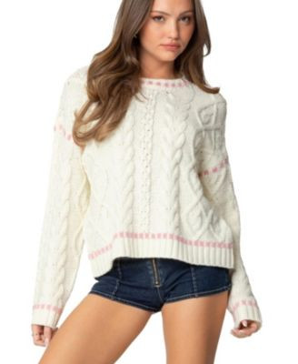 Edikted Womens Eleni Cable Knit Sweater - White | Macy's