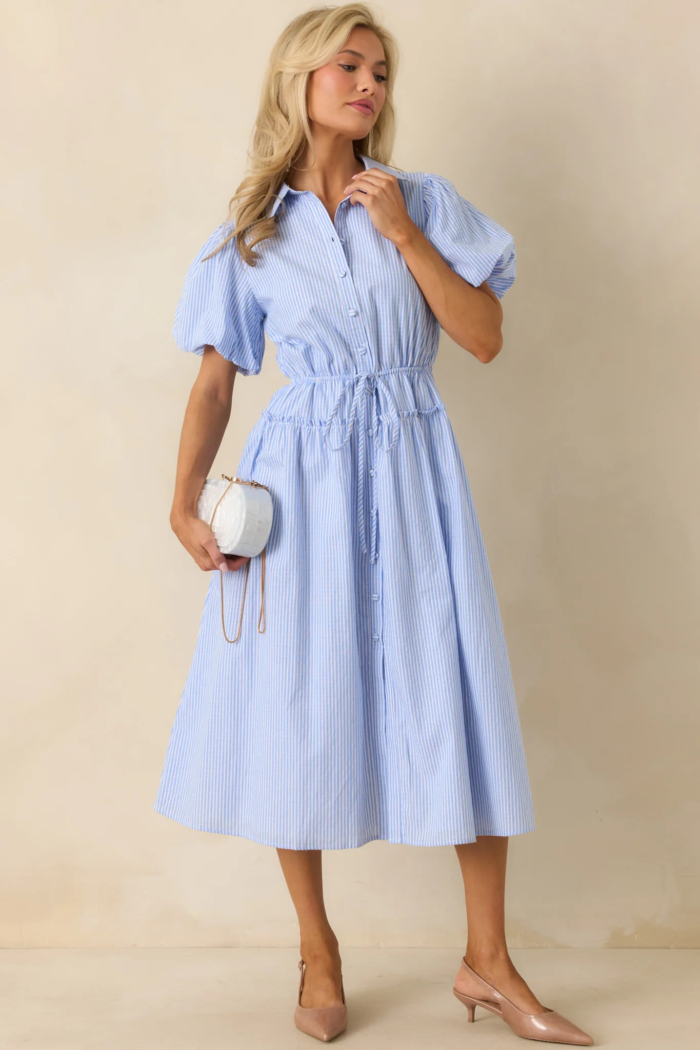 A Twist On Timeless Blue Stripe Rayon Maxi Shirt Dress | Red Dress