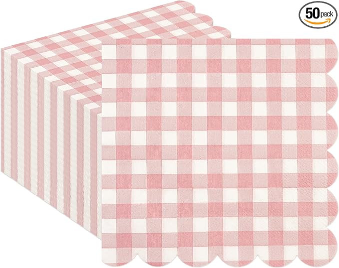 50PCS Pink Scalloped Gingham Paper Napkins - Light Pink and White Striped Luncheon Napkin, Checke... | Amazon (US)