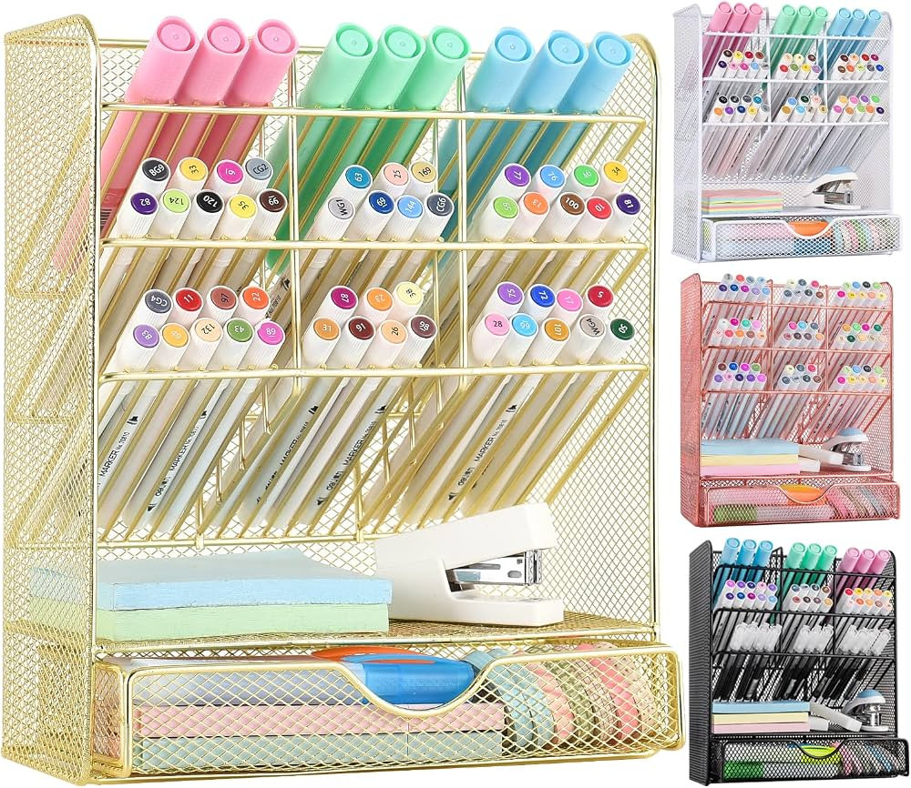 Spacrea Mesh Pen Organizer - Pencil Holder for Desk, Desk Organizer with Drawer for School, Home, Art Supplies (Gold) | Amazon (US)