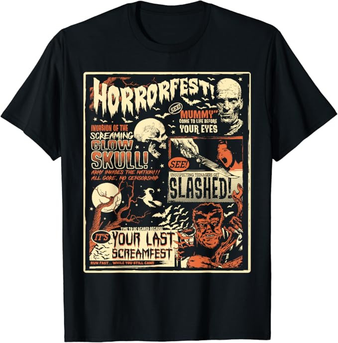 Vintage Horrorfest Movie Poster Terror Old Time Halloween T-Shirt | Amazon (US)