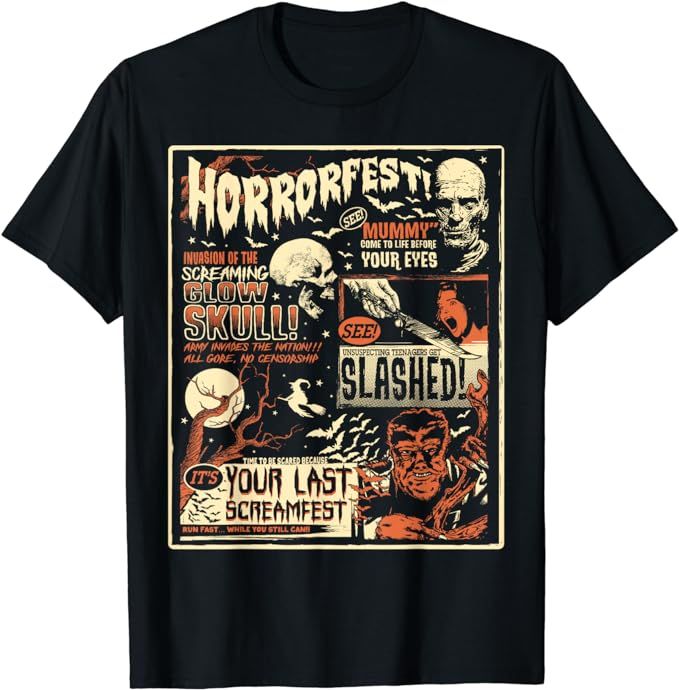 Vintage Horrorfest Movie Poster Terror Old Time Halloween T-Shirt | Amazon (US)