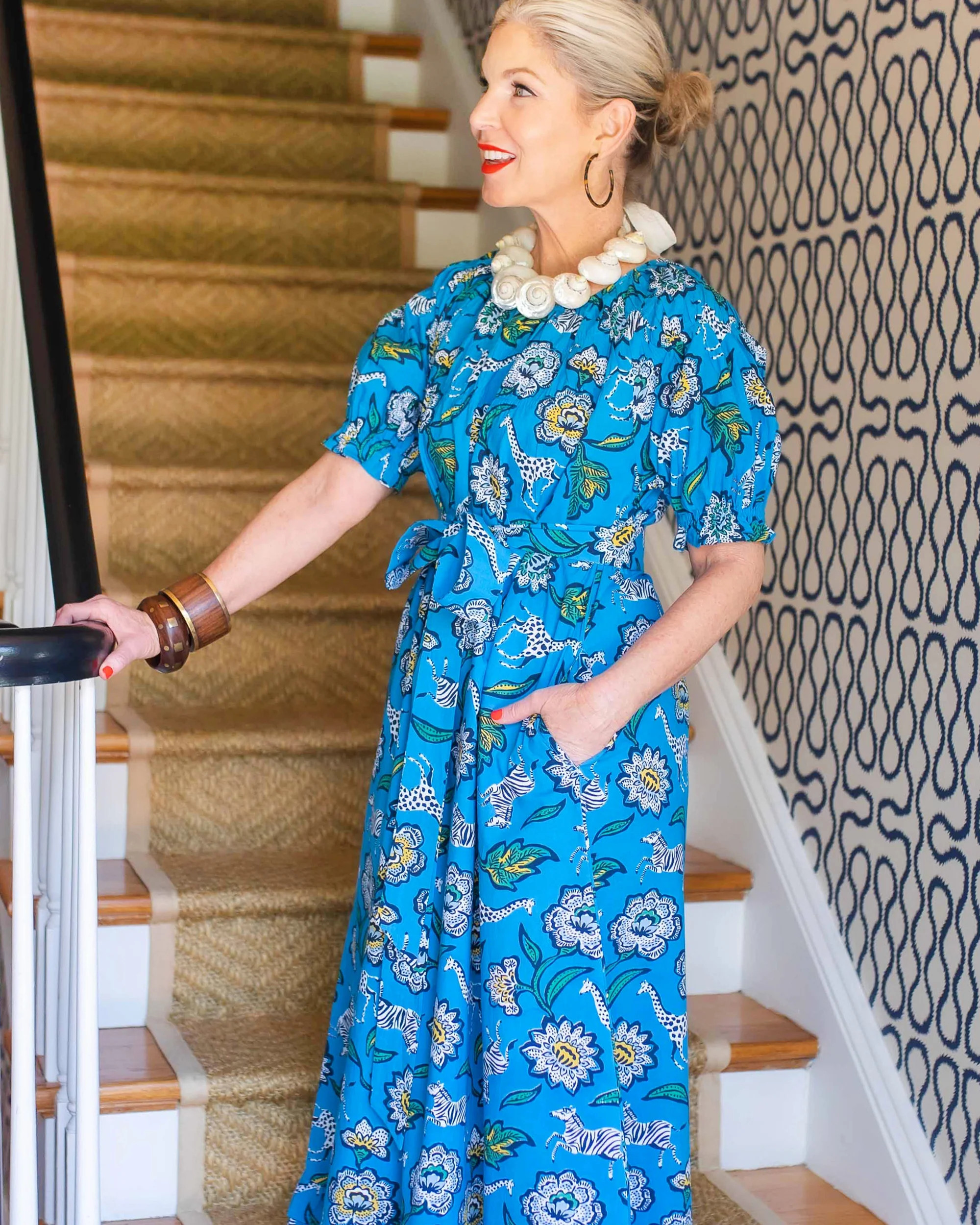 floral-safari-popover-dress-cobalt | Printfresh