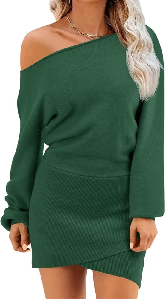 Wenrine Women's Off The Shoulder Sweater Dress 2025 Fall Winter Casual Long Sleeve Knit Slim Fit ... | Amazon (US)