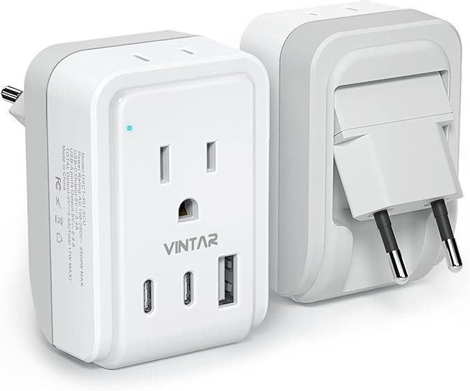1 Pack European Travel Plug Adapter, VINTAR Foldable International Power Plug with 2 AC Outlets 3... | Amazon (US)