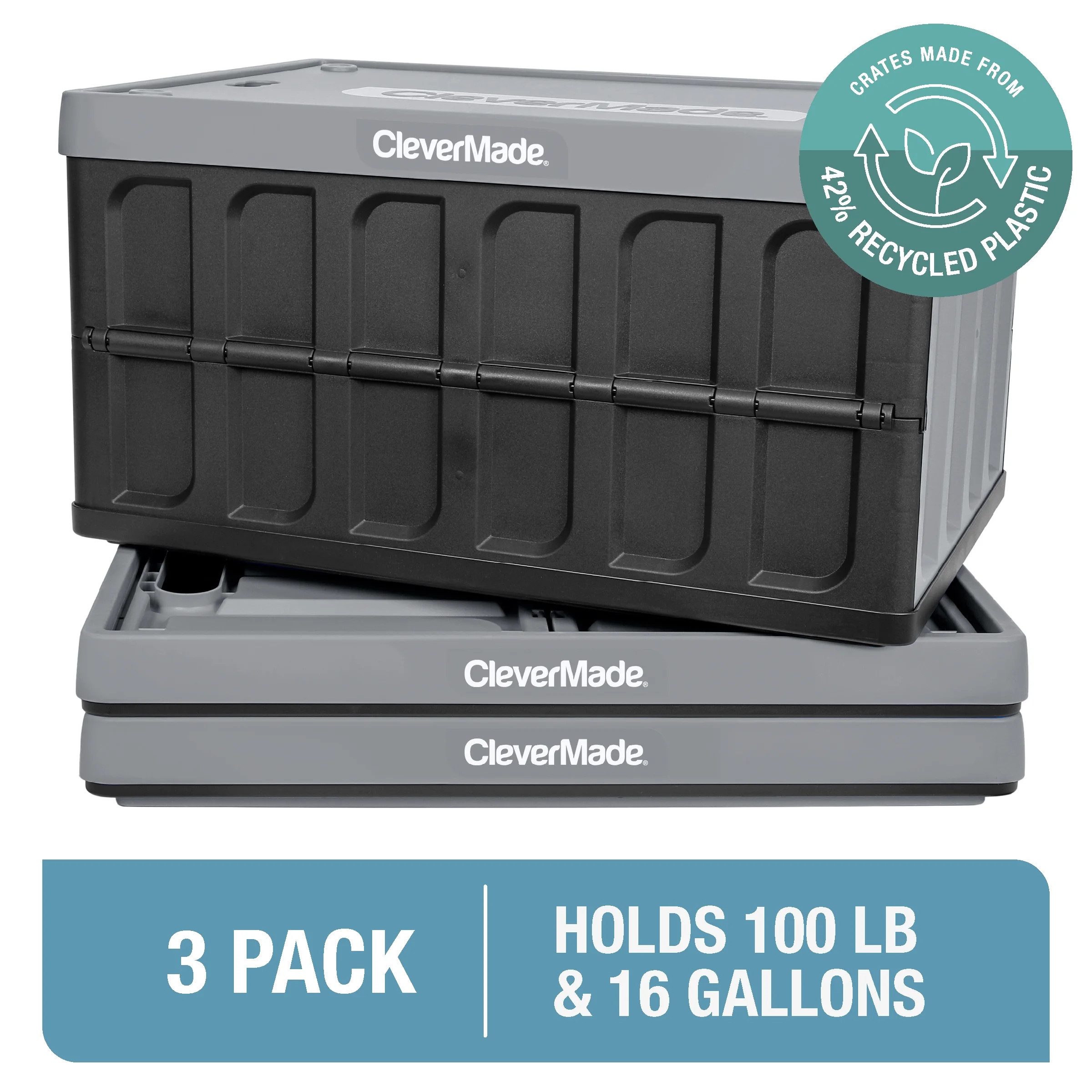CleverMade 3 Pack Stackable Collapsible Storage Bin with Lids - 16 Gal Stone | Walmart (US)