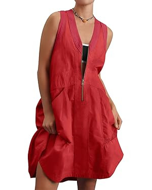Fisoew Women's Sleeveless Tank Mini Dress Casual Half Zip V Neck Loose Mesh Back Utility Summer D... | Amazon (US)