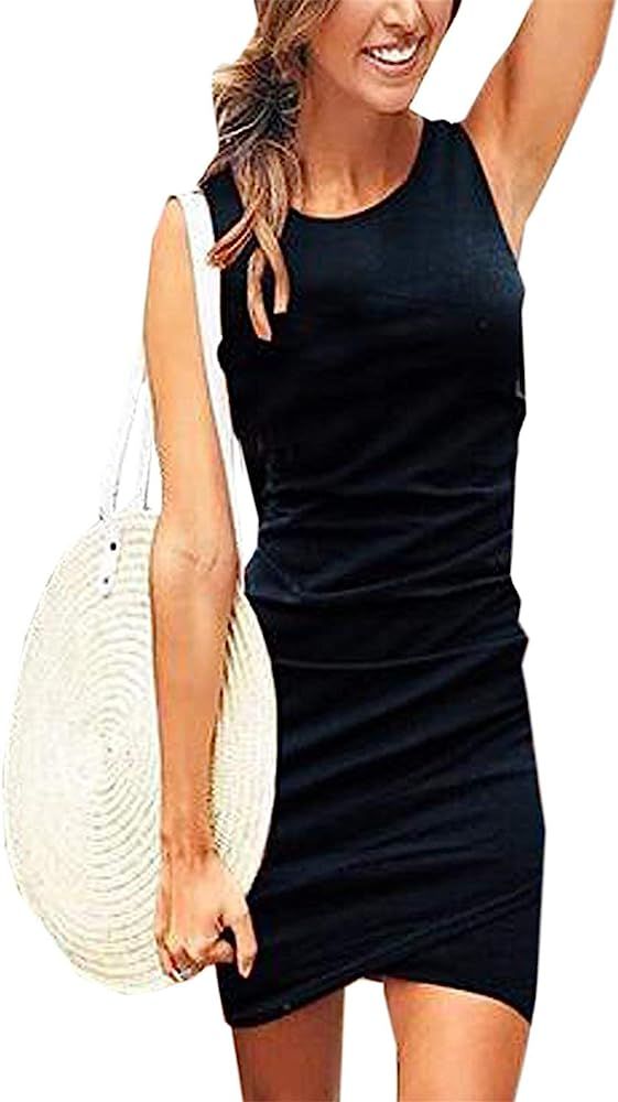 Womens Bodycon Dress Casual Tshirt Dresses Ruched Dress Mini Short Irregular Hem | Amazon (US)