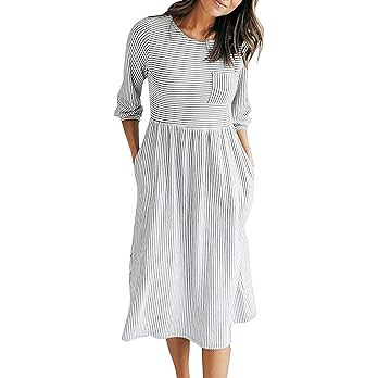 MEROKEETY Women's 3/4 Balloon Sleeve Striped High Waist T Shirt Midi Dress with Pockets | Amazon (US)