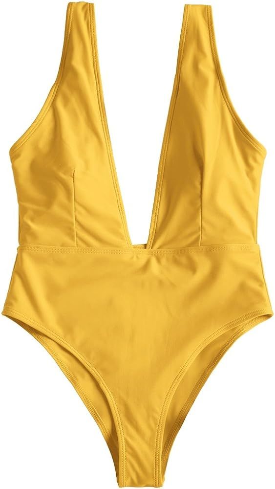 ZAFUL Women's Sexy Plunging Neck Solid Color One Piece Swimwear | Amazon (US)