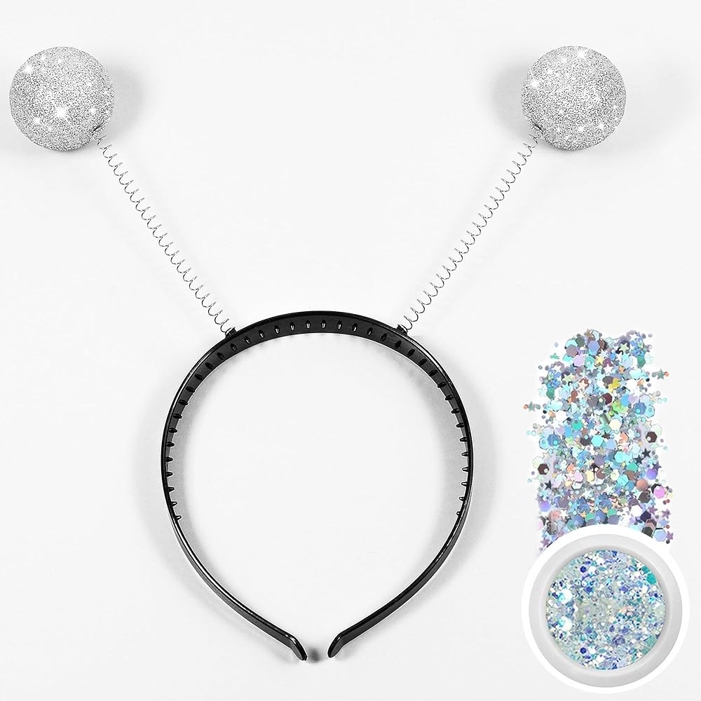 Alien Headband with Body Glitter, Silver Martian Antenna Headband Glitter Ball Boppers, Alien Ant... | Amazon (US)