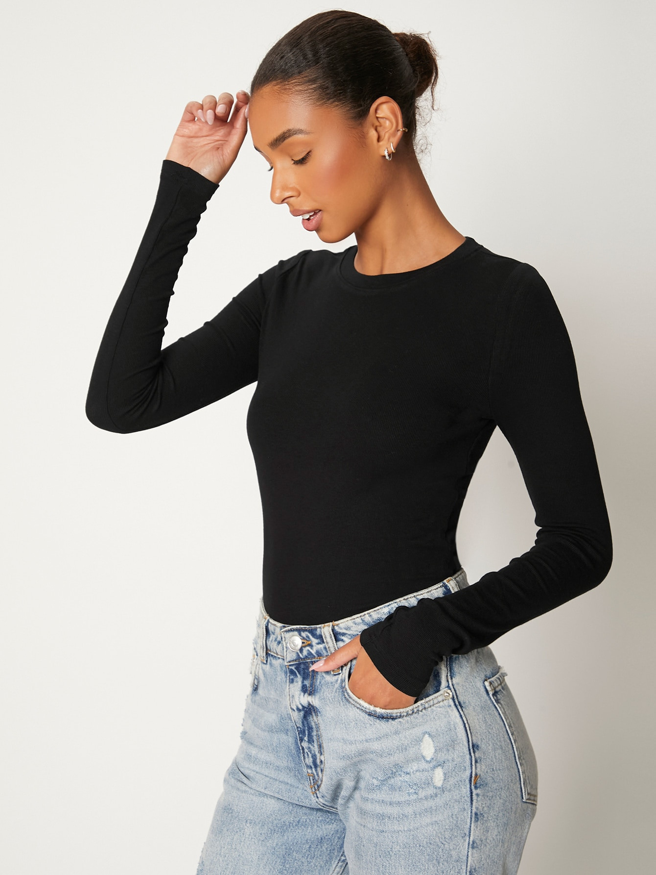 SHEIN BASICS Solid Rib-knit Slim Tee | SHEIN