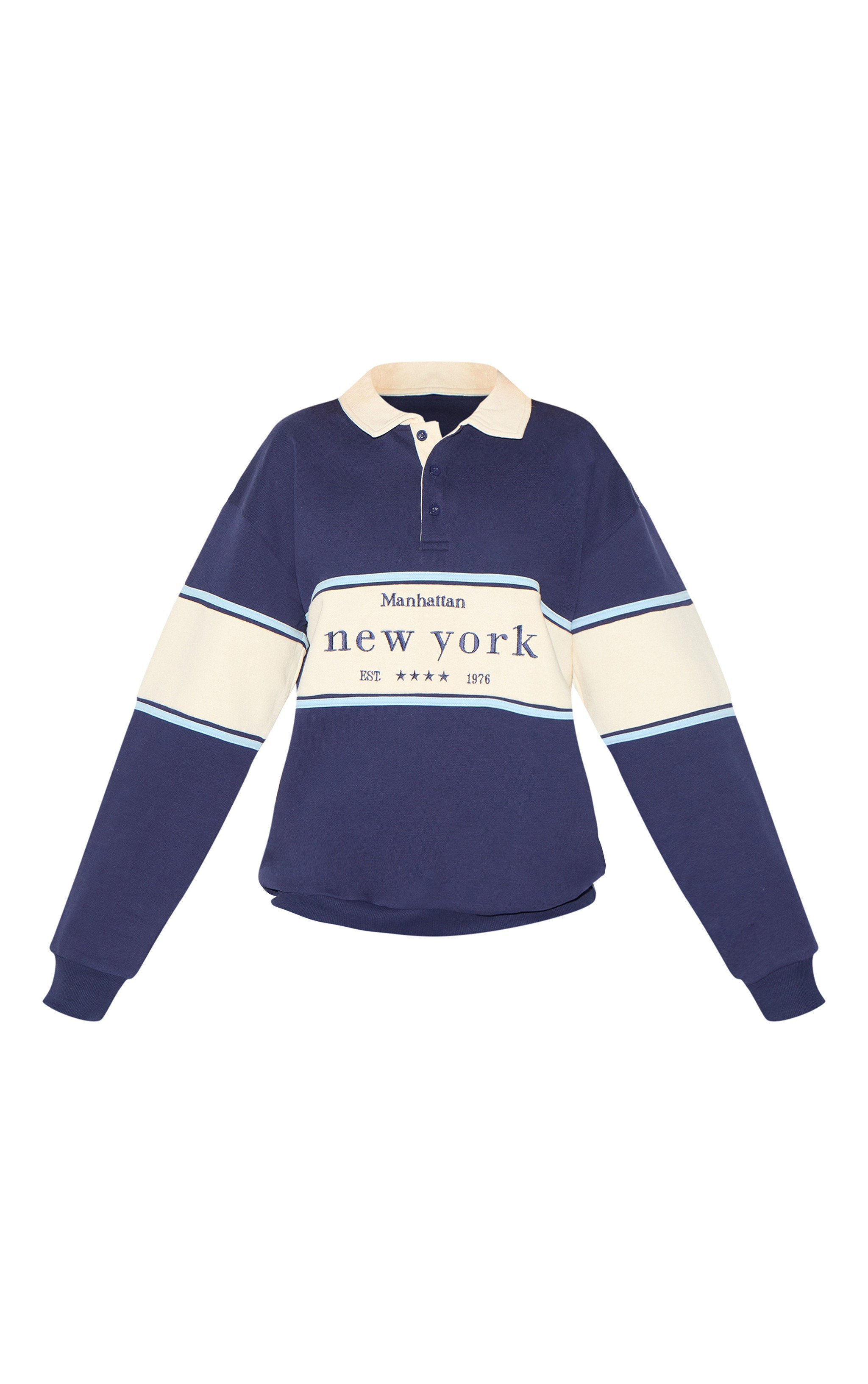 Sweat deluxe bleu marine brodé "New York" à col contrastant | PrettyLittleThing (FR)