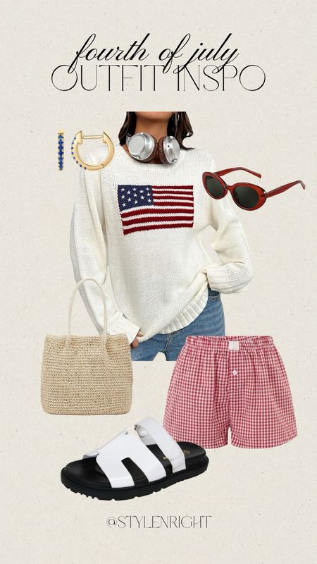 Fourth of July Outfit inspo!🩵🤍❤️🇺🇸

Fourth of July. American flag sweater. Red gingham shorts. Raffia bag. Red sunglasses. Blue earrings. White chunky sandals.

#LTKStyleTip #LTKMidsize #LTKSeasonal