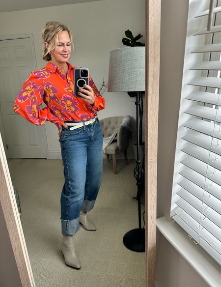 OOTD:  dressed up my baggy denim from Target with a bright floral top to combat this overcast chilly day! It was a bit cool for sandals so I added an ankle boot I bought at the Nordstrom Anniversary sale instead. 
I cut the hem of these jeans and made a wide cuff, but can also un-roll for the perfect length too. Felt cute :)

#LTKStyleTip #LTKFindsUnder50 #LTKOver40