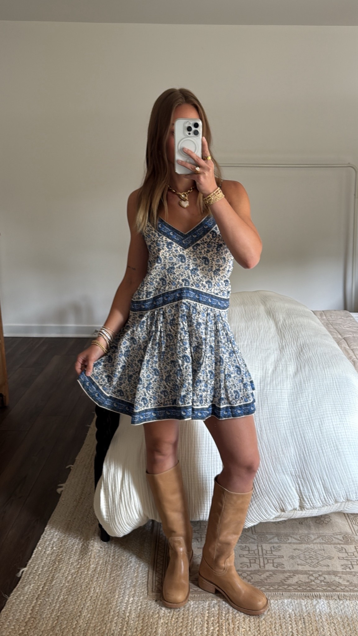 8/24/25 Casual brunch fit 💙 Wearing this mini dress from Abercrombie with my Frye-inspired boots from Steve Madden. Such a good end-of-summer → fall transition look that feels easy, cozy, and put together ✨

#LTKShoeCrush #LTKStyleTip
