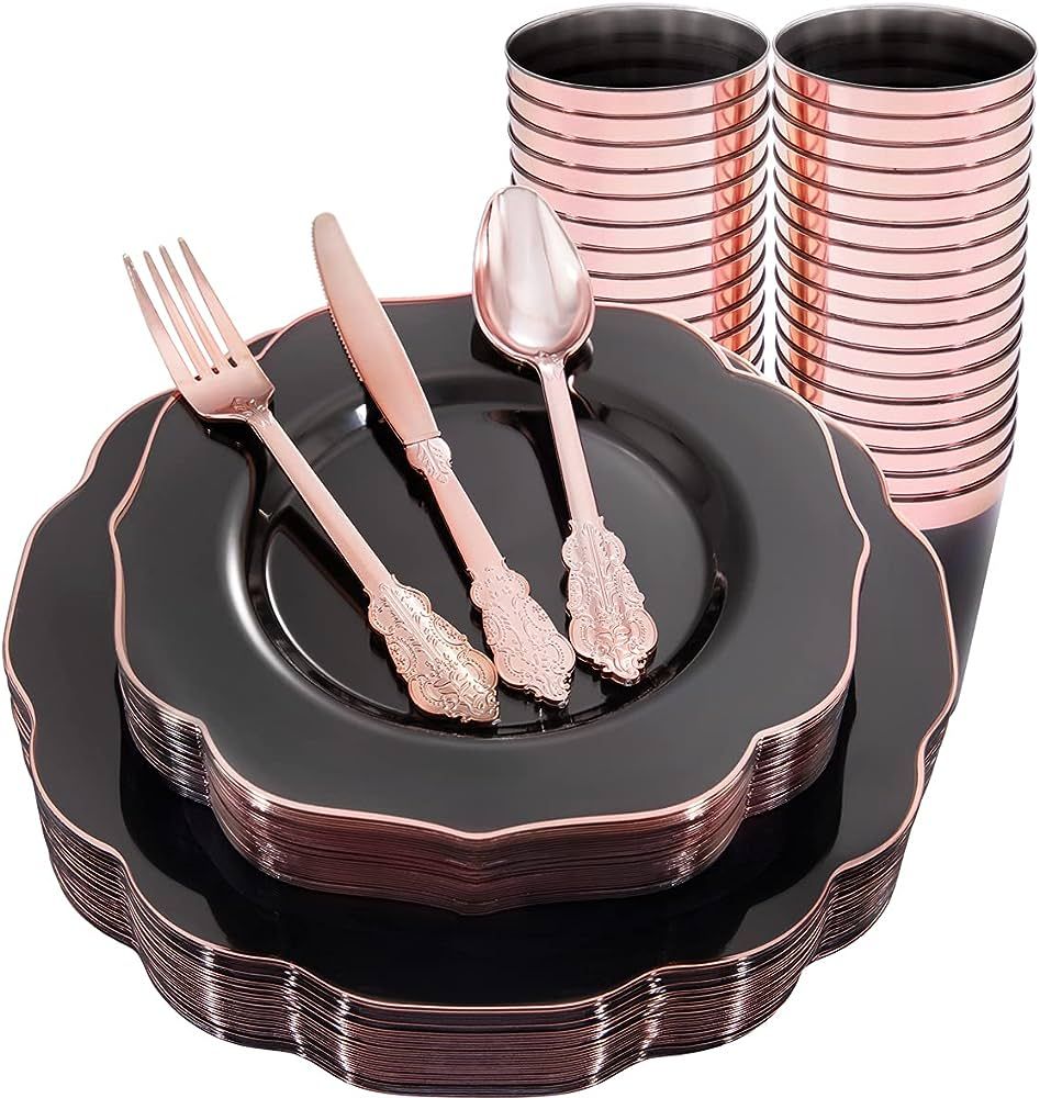 bUCLA 30Guest Clear Black Plastic Plates With Rose Gold Silverware& Disposable Plastic Cups- Rose... | Amazon (US)