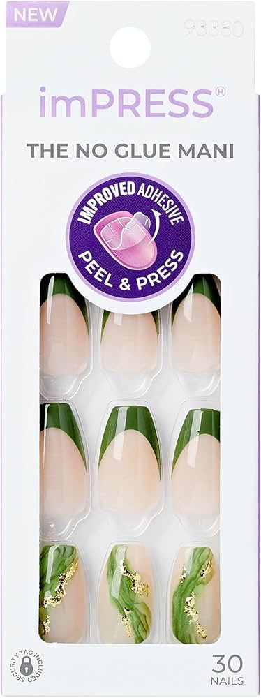 KISS imPRESS No Glue Mani Press-On Nails, Design, 'Ballerina', Neutral/green, Medium Size, Coffin... | Amazon (US)