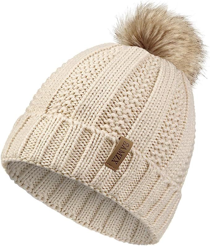 SAMZX Womens Winter Hat Thick Cable Knit Warm Beanie for Women with Faux Fur Pom Pom Hat | Amazon (US)
