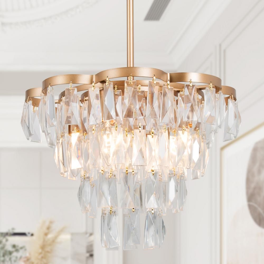 LNC Modern Brass Gold Crystal Chandelier 4-Light Classic Tiered Transitional Kitchen Island Pendant  | The Home Depot