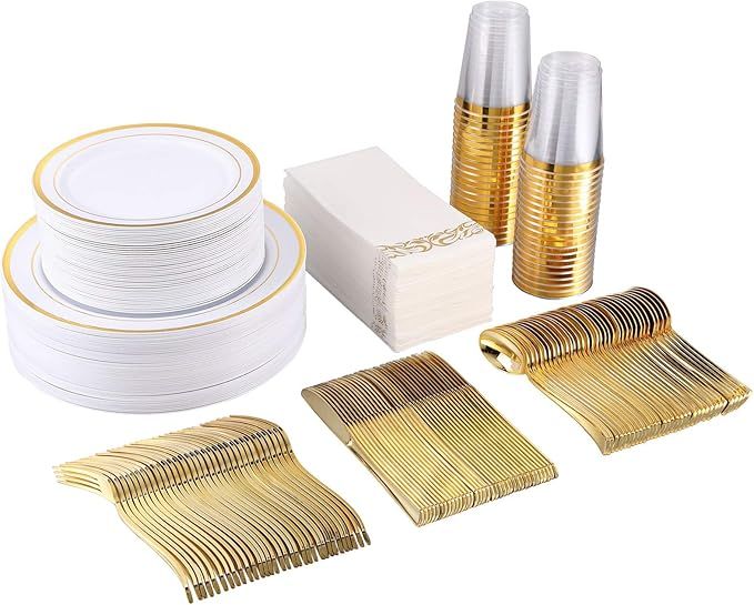 Amazon.com: FOCUSLINE 350 Piece Disposable Gold Dinnerware Set for Party or Wedding-100 Gold Rim ... | Amazon (US)