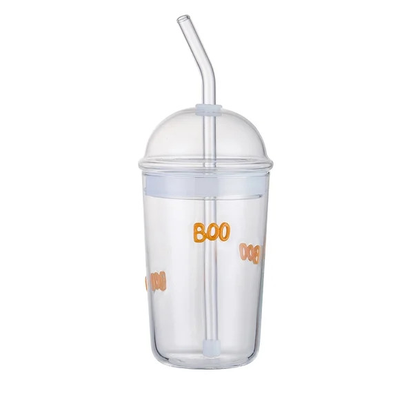 Way to Celebrate 16 oz Boo Icon Clear Glass Sipper Cup with Straw and Lid | Walmart (US)
