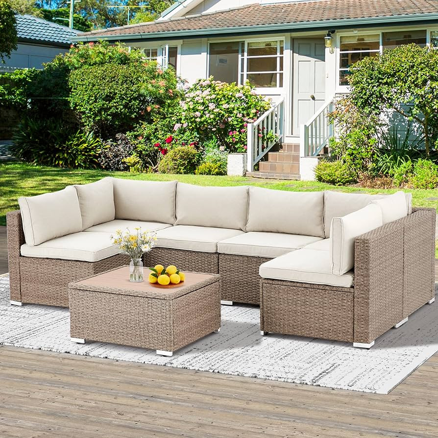 GYUTEI 7-Piece Rattan Sectional Sofa Set - Light Beige, All-Weather Wicker, Perfect for Porch, Ga... | Amazon (US)