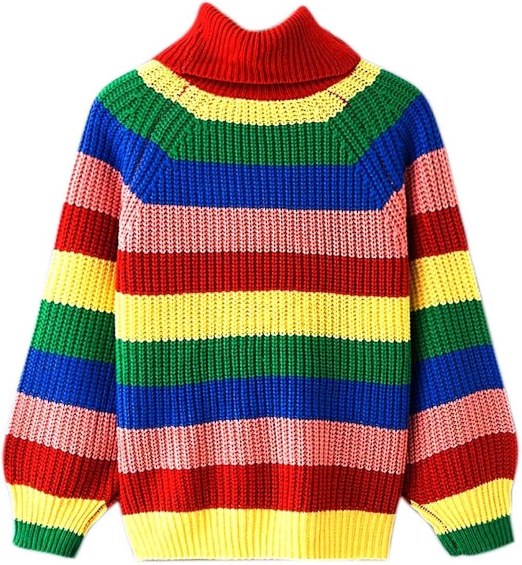 LALA IKAI Women Sweater Oversized Striped Knit Pullover Turtleneck Loose Cardigans Sweater Rainbow | Amazon (US)