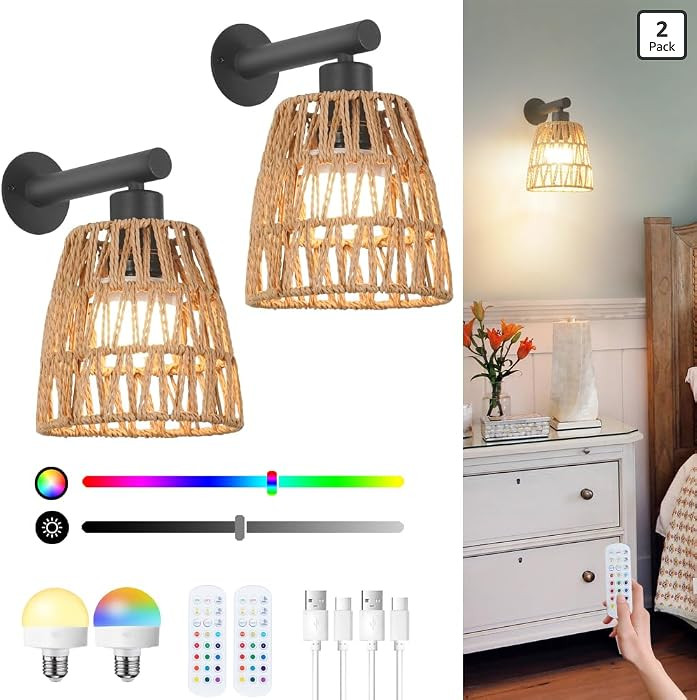 Boho Battery Operated Wall Sconces, Rattan Wall Sconce Set of 2 with Remote, RGB 15 Colors Dimmab... | Amazon (US)