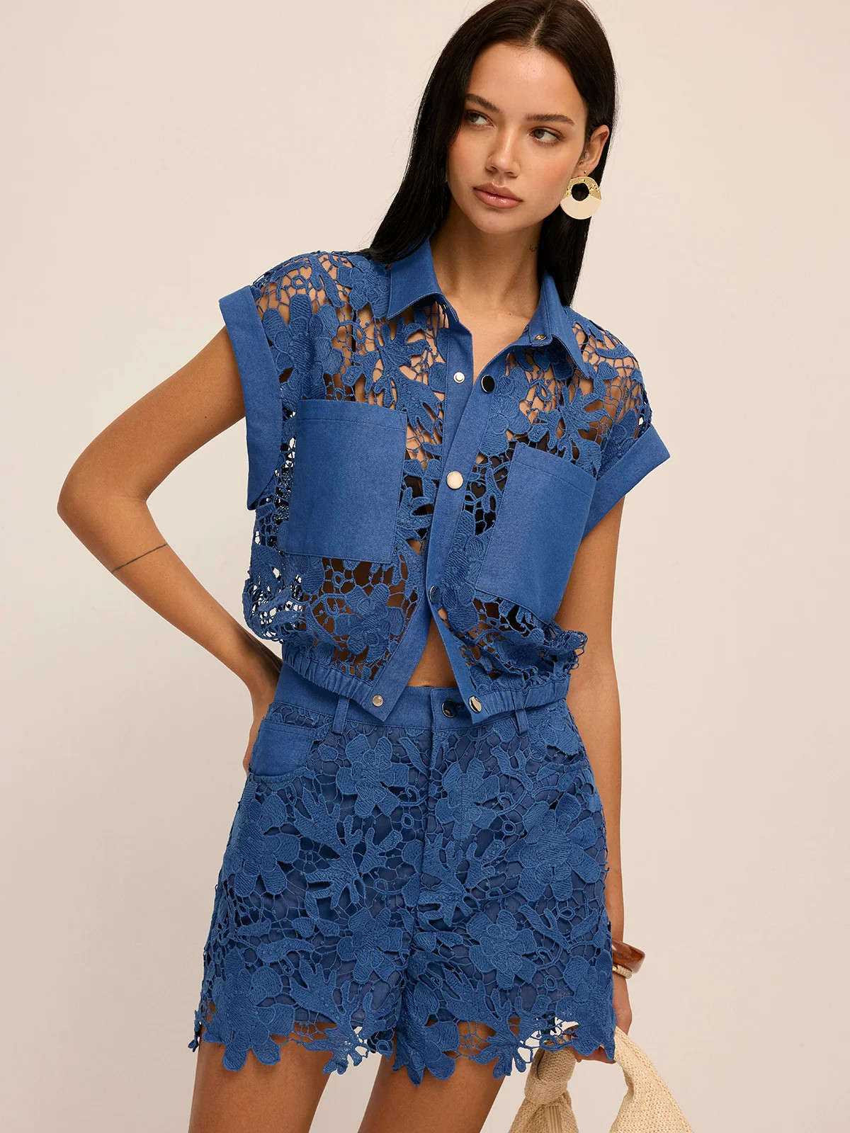 Guipure Lace Cropped Shirt & Shorts Set | Commense