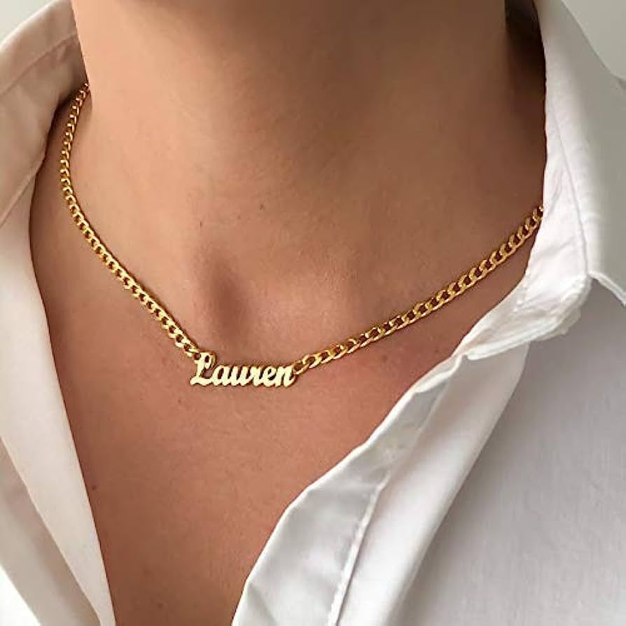 Name Necklace Personalized with Curb Chain, Dainty Custom Necklace with Name for Women 925 Sterli... | Amazon (US)