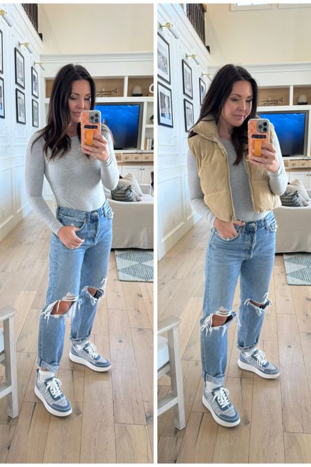 My go to cute, comfy winter /spring transitional outfit! You can’t go wrong with a puffy vest, distressed jeans and a bodysuit. These jeans are a bit of a splurge but one of my very favorite pairs. Similar, more budget friendly pair linked below also.

#LTKfindsunder50 #LTKstyletip