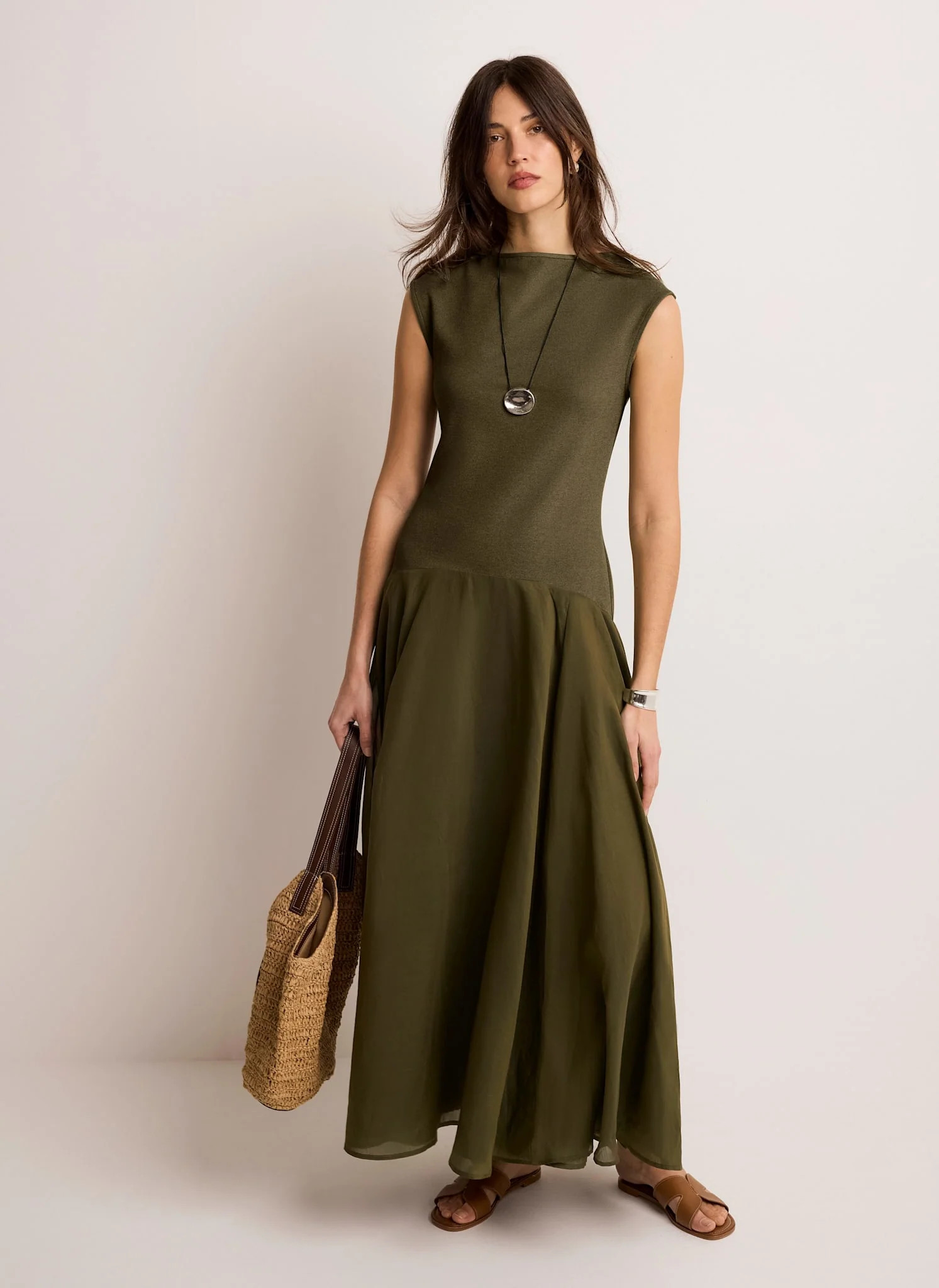 Khaki Jersey Drop Waist Midi Dress | Mint Velvet